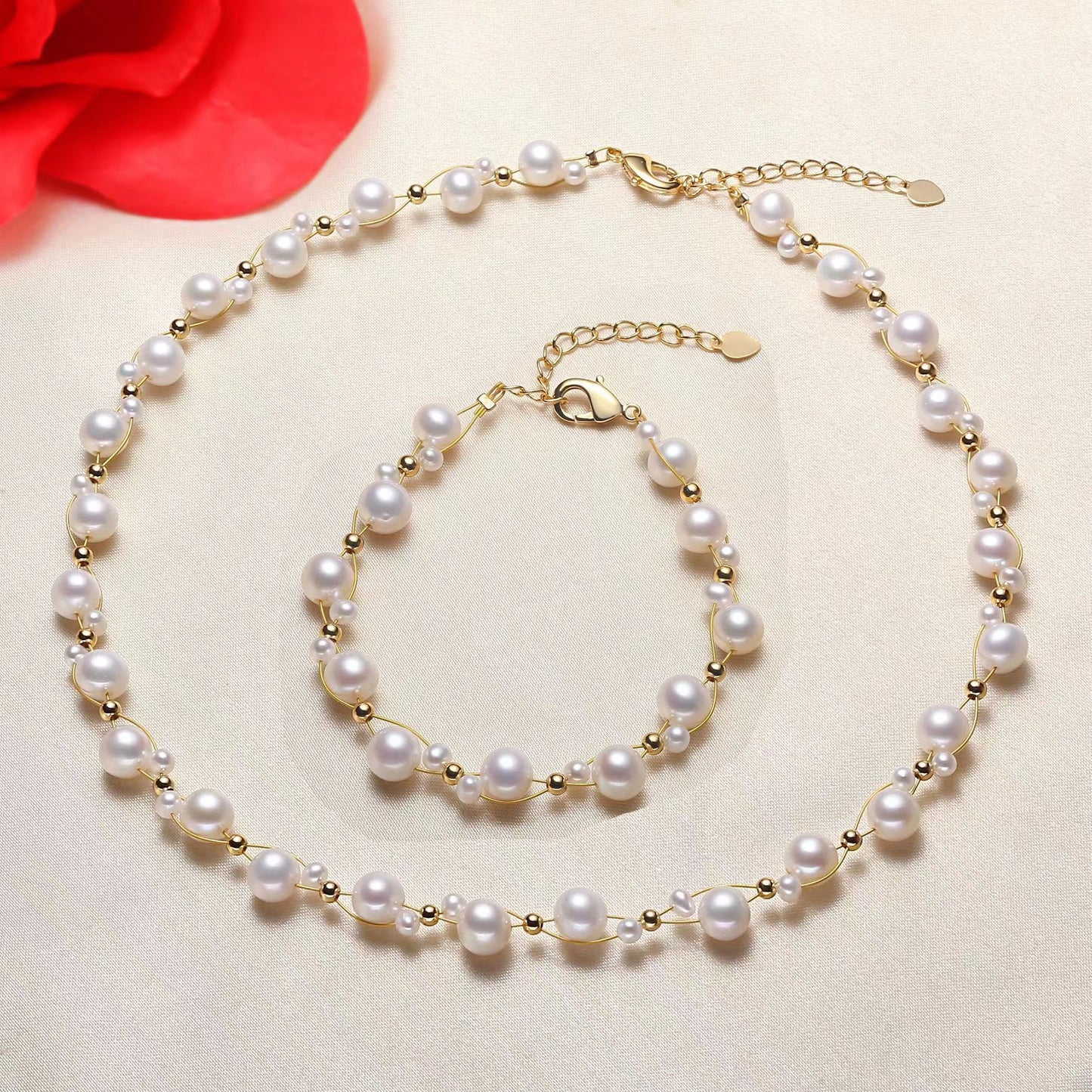 Freshwater Pearl Necklace & Bracelet Set Woven Delicate
